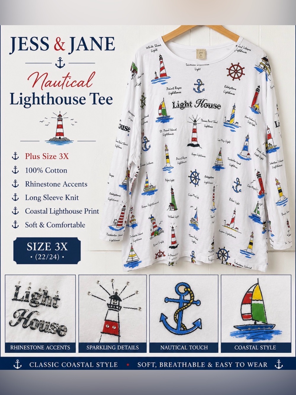 Jess & Jane White Nautical Lighthouse Long Sleeve Tee - Plus Size